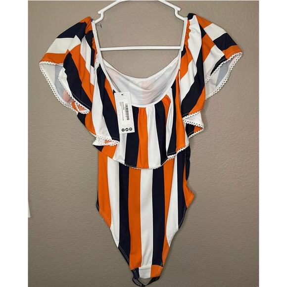 Boohoo Maternity Off The Shoulder Ruffle Stripe White Swimsuit Size 4 - NWT - Picture 5 of 8